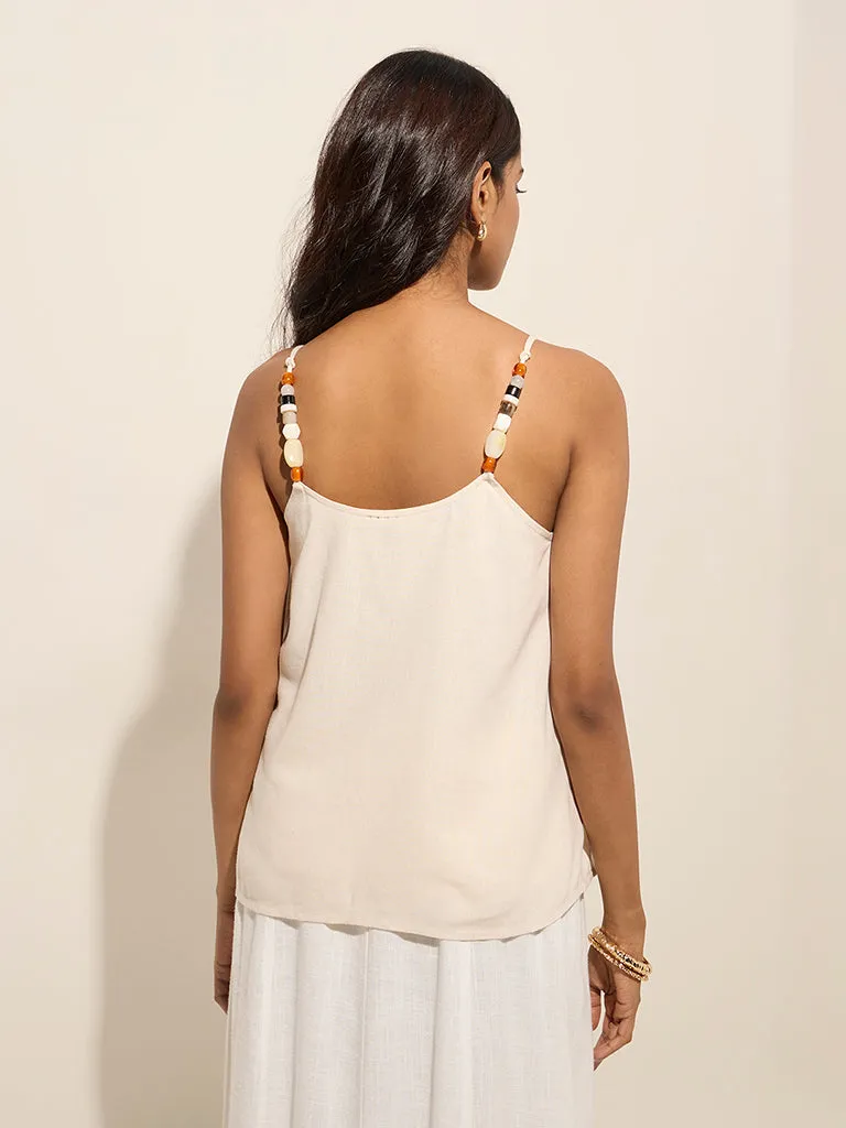 LOV Beige Pintuck Detailed Linen-Blend Top