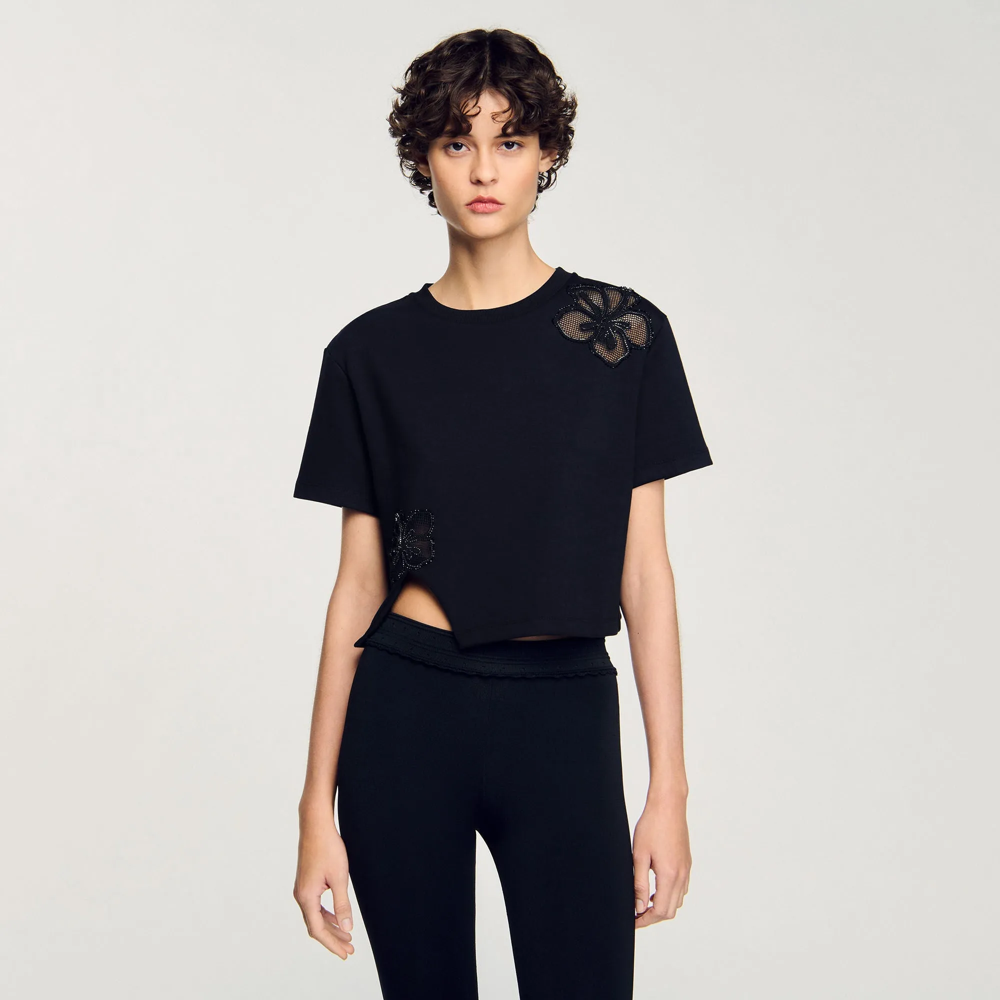 Macha Floral Embroidery T-Shirt Black