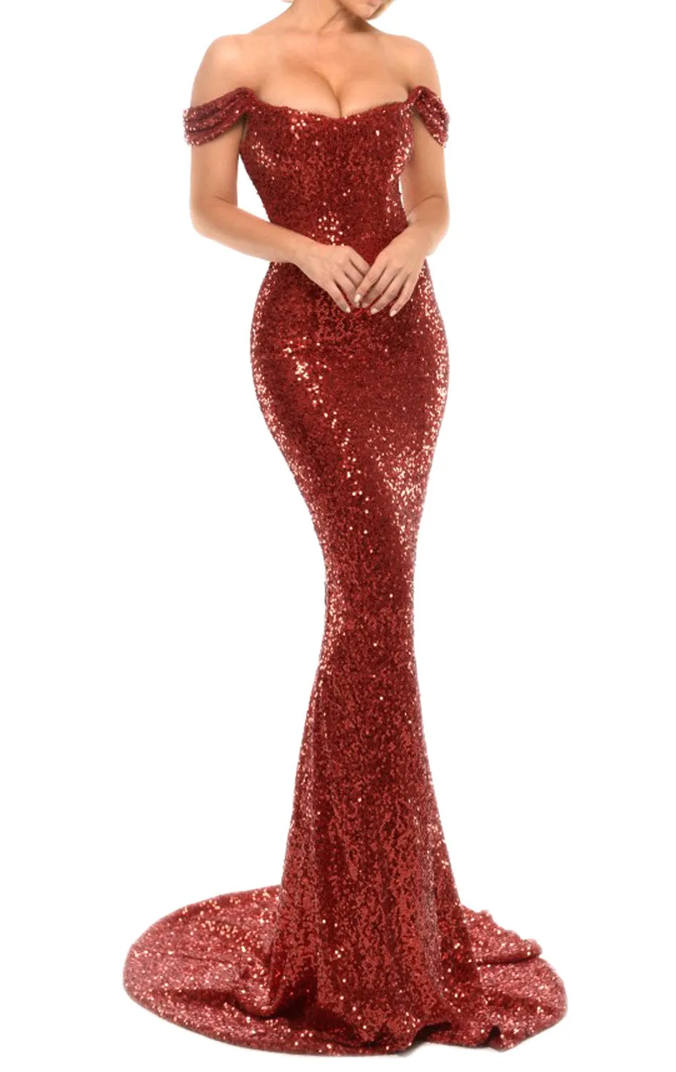 MACloth Mermaid Off the Shoulder Sequin Long Prom Dress with Court Train
