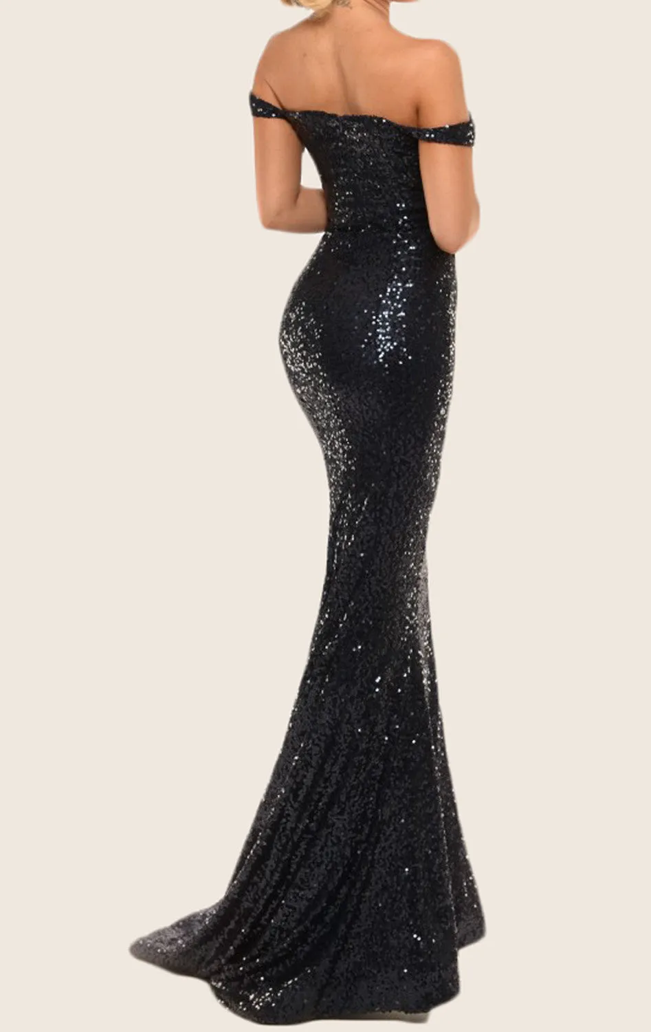 MACloth Mermaid Off the Shoulder Sequin Prom Dress Black Formal Gown