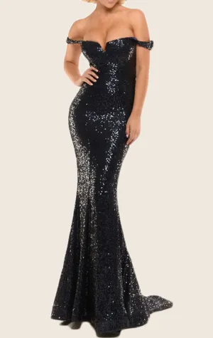 MACloth Mermaid Off the Shoulder Sequin Prom Dress Black Formal Gown