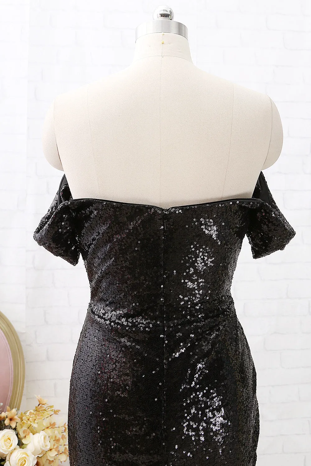 MACloth Off the Shoulder Mermaid Long Sequin Prom Dress Black Formal Evening Gown