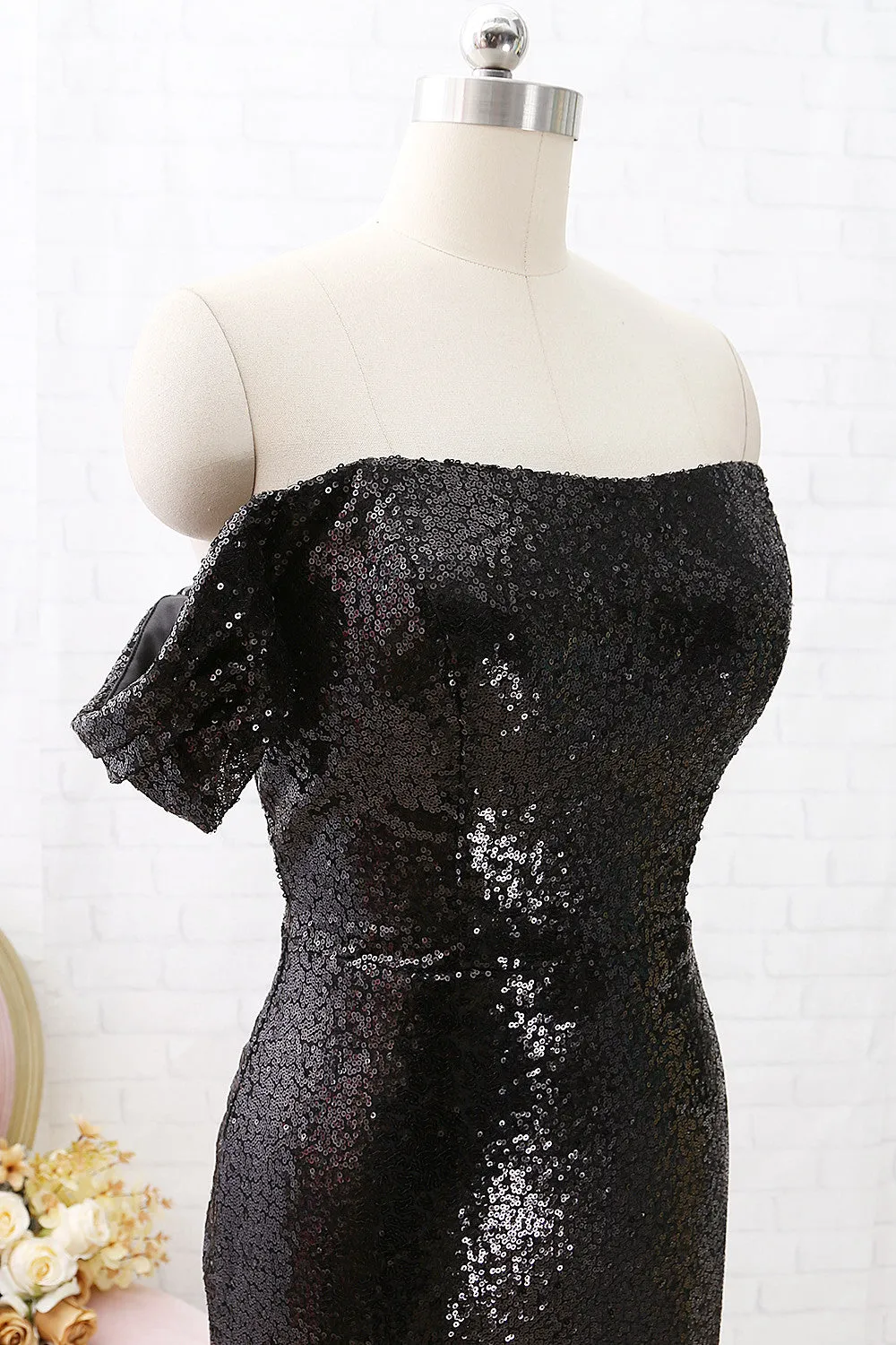 MACloth Off the Shoulder Mermaid Long Sequin Prom Dress Black Formal Evening Gown