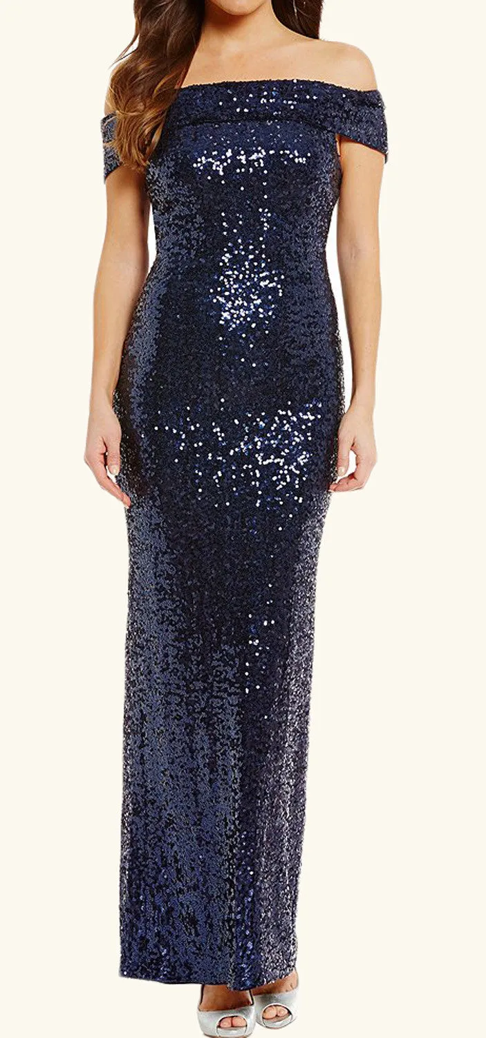 MACloth Off the Shoulder Sequin Evening Gown Dark Navy Formal Prom Dress
