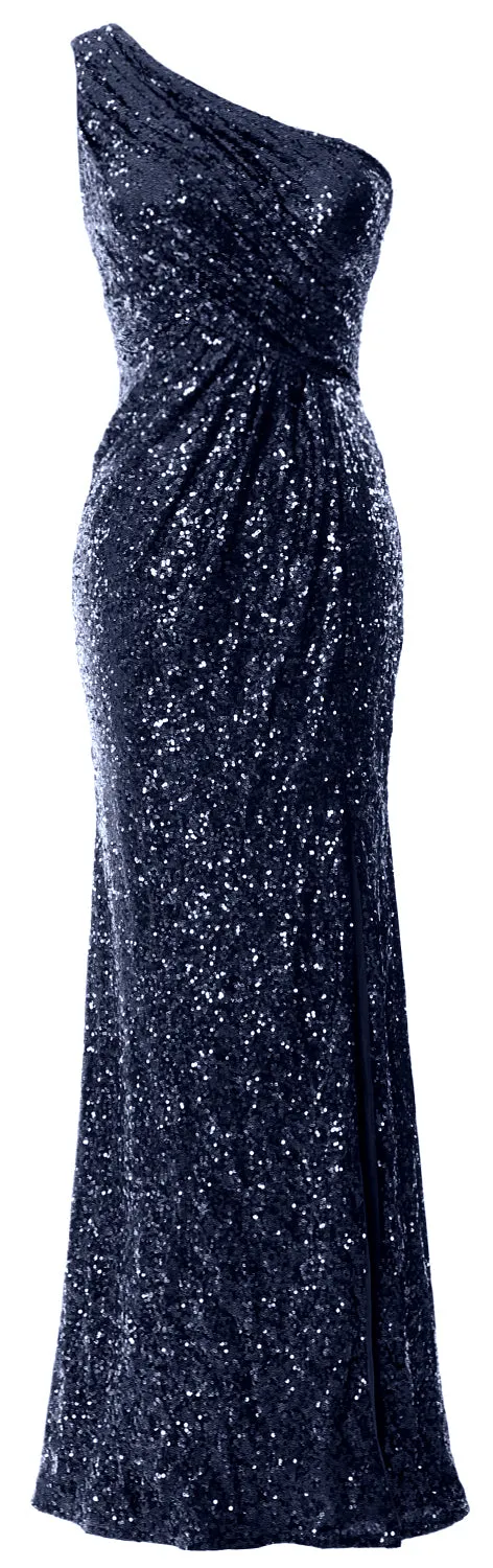 MACloth Sequin Prom Dresses with Split Mermaid One Shoulder Formal Evening Gown