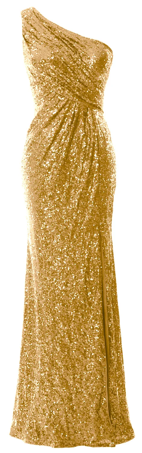 MACloth Sequin Prom Dresses with Split Mermaid One Shoulder Formal Evening Gown