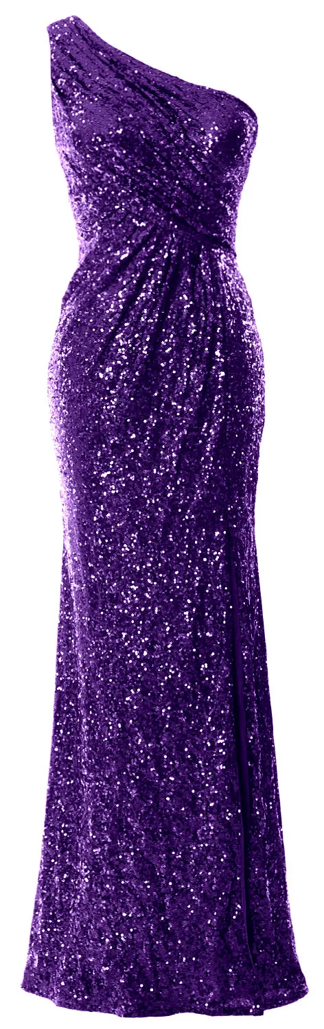 MACloth Sequin Prom Dresses with Split Mermaid One Shoulder Formal Evening Gown
