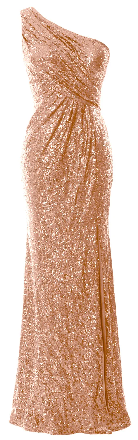 MACloth Sequin Prom Dresses with Split Mermaid One Shoulder Formal Evening Gown