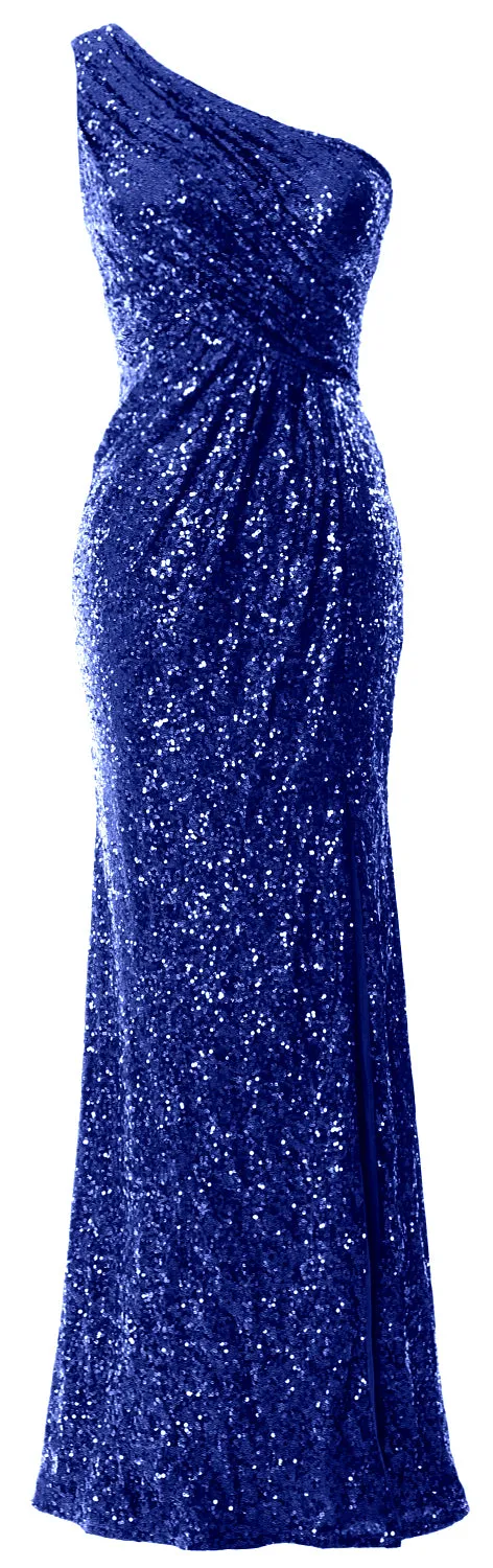 MACloth Sequin Prom Dresses with Split Mermaid One Shoulder Formal Evening Gown