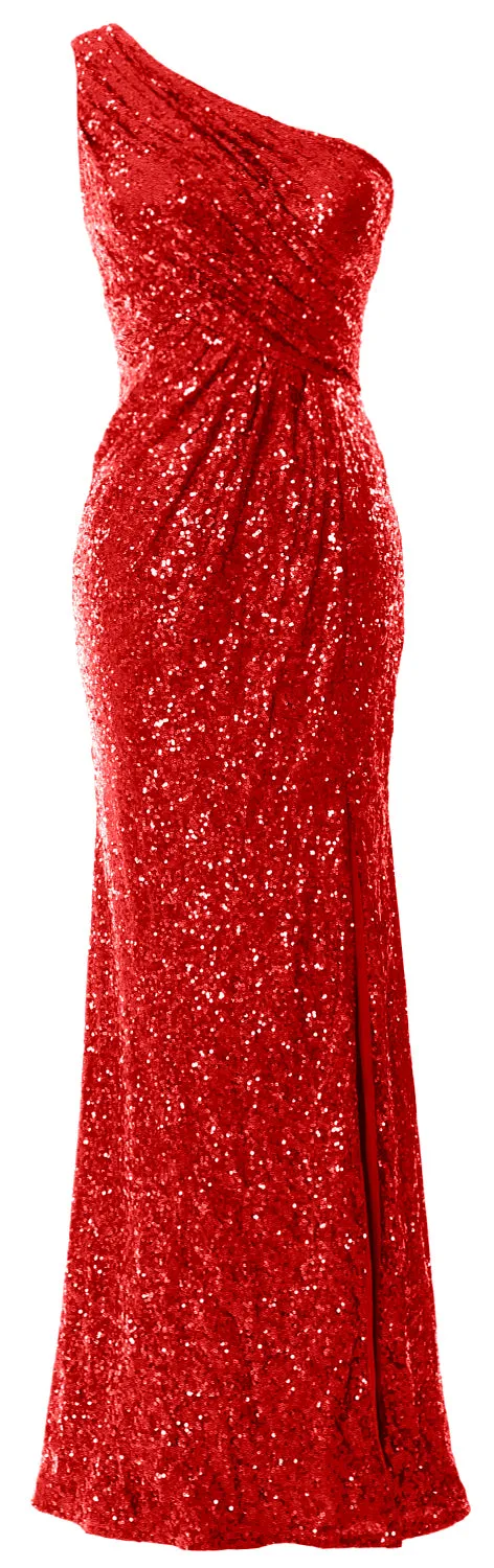 MACloth Sequin Prom Dresses with Split Mermaid One Shoulder Formal Evening Gown