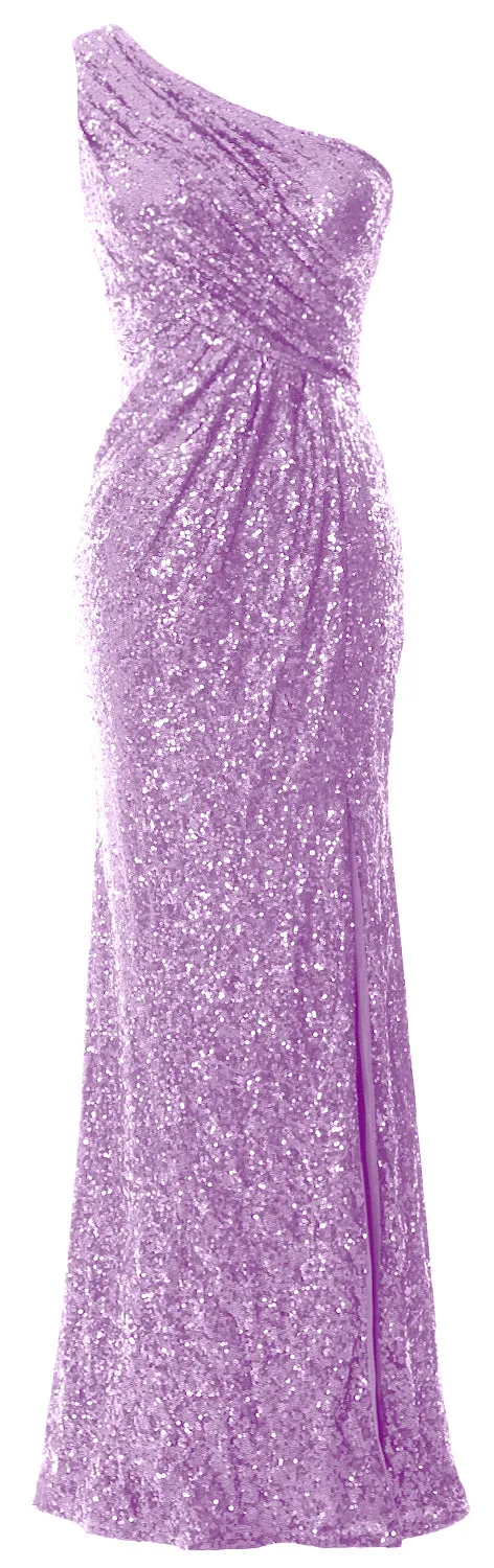 MACloth Sequin Prom Dresses with Split Mermaid One Shoulder Formal Evening Gown
