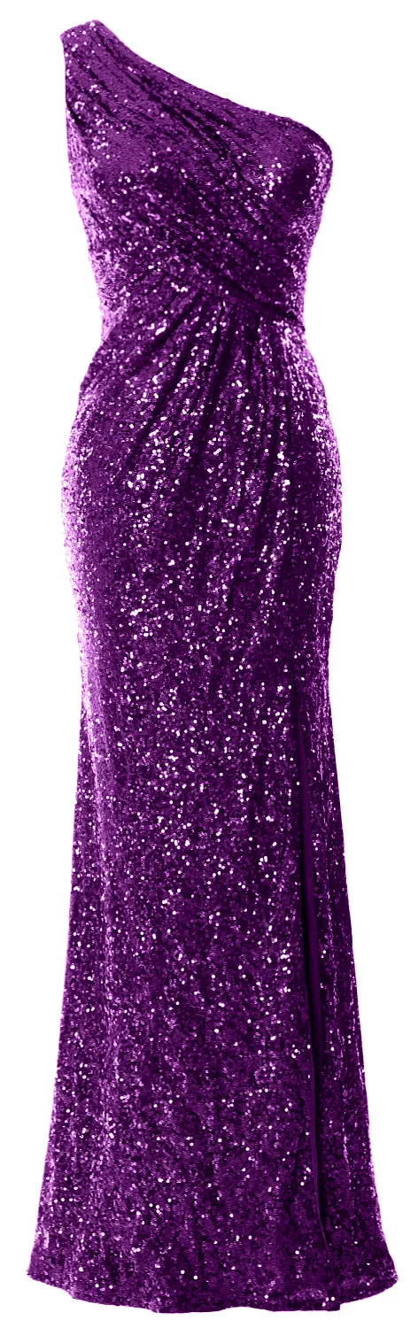 MACloth Sequin Prom Dresses with Split Mermaid One Shoulder Formal Evening Gown