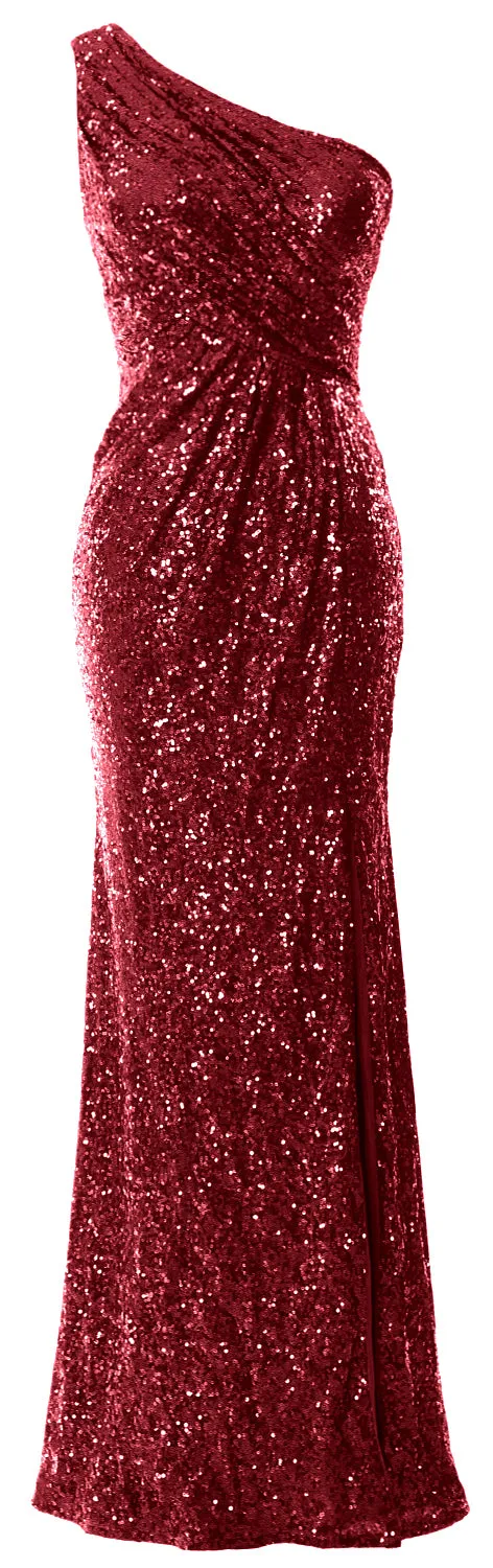 MACloth Sequin Prom Dresses with Split Mermaid One Shoulder Formal Evening Gown