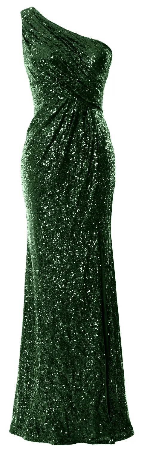 MACloth Sequin Prom Dresses with Split Mermaid One Shoulder Formal Evening Gown