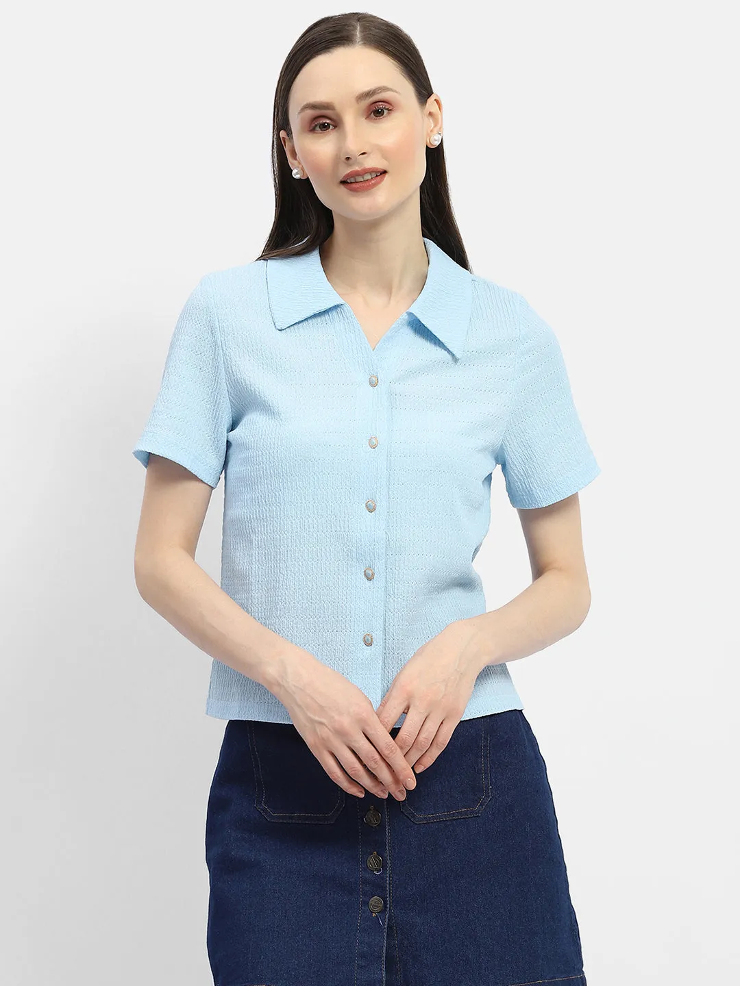 Madame Textured Sky Blue Half Sleeve Shirt