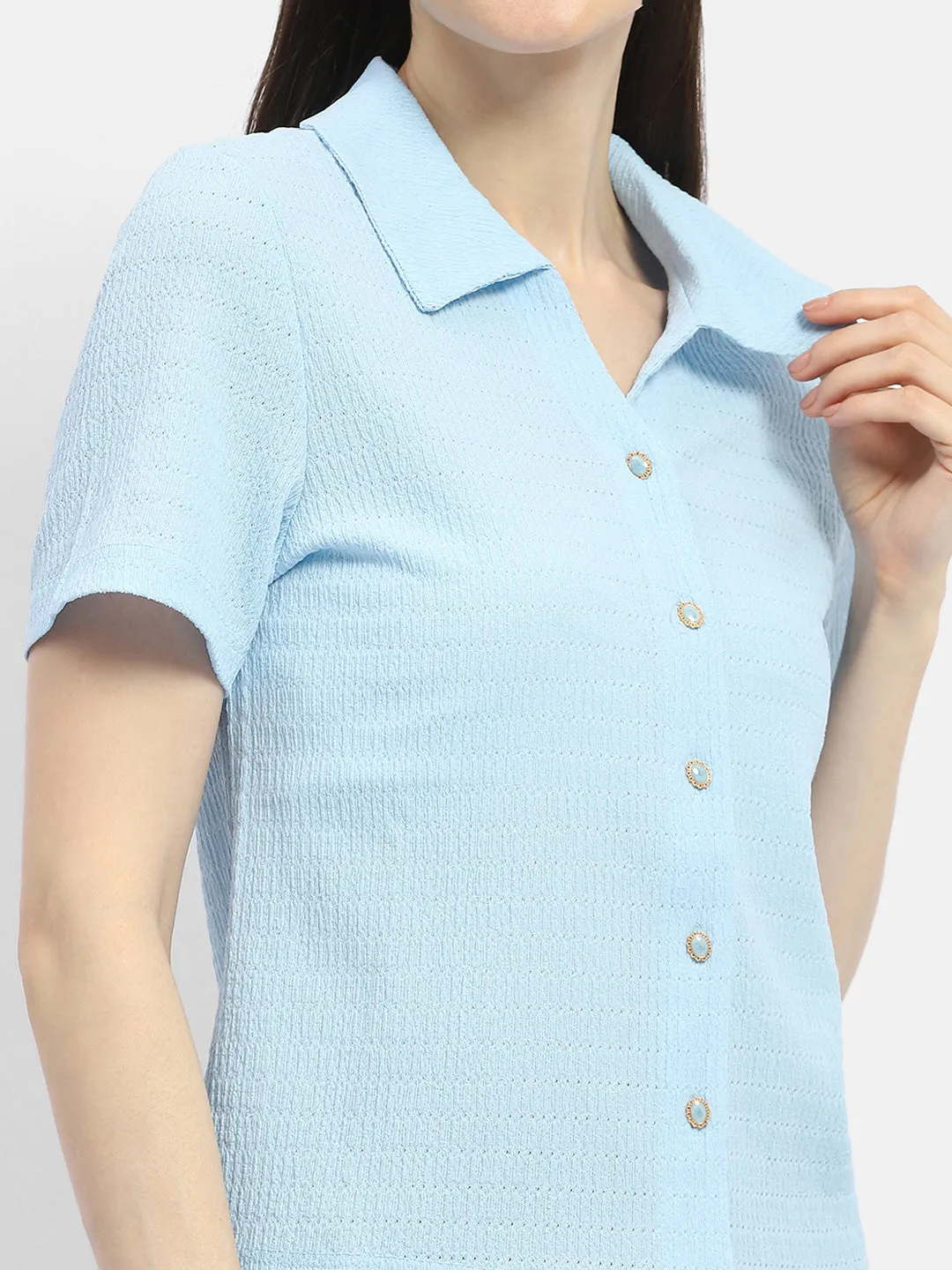 Madame Textured Sky Blue Half Sleeve Shirt