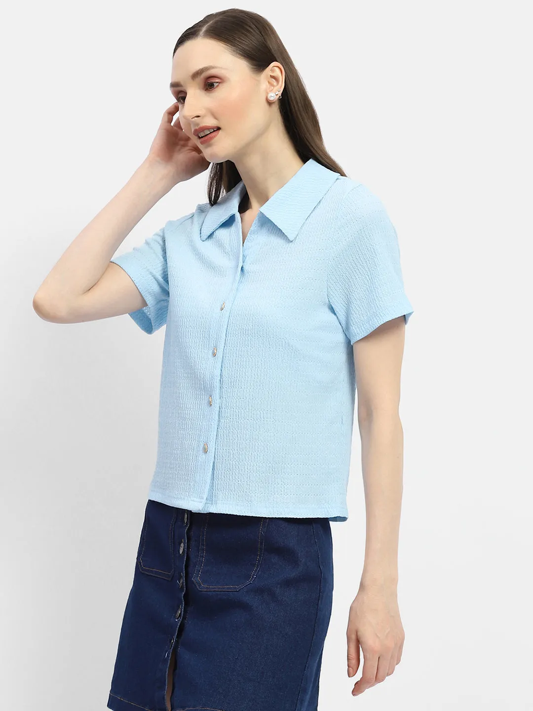 Madame Textured Sky Blue Half Sleeve Shirt