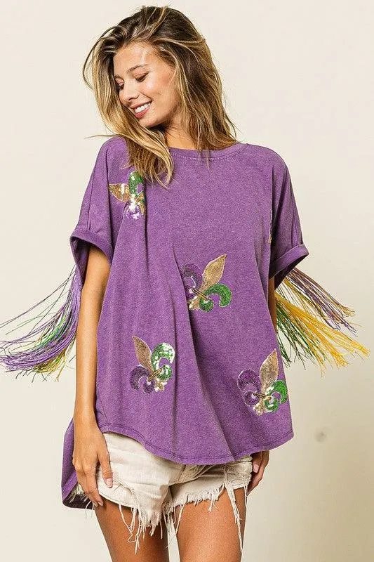 Mardi Gras Sequin Fleur De Lis Green Fringe Shirt