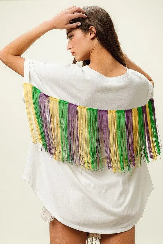 Mardi Gras Sequin Fleur De Lis Green Fringe Shirt