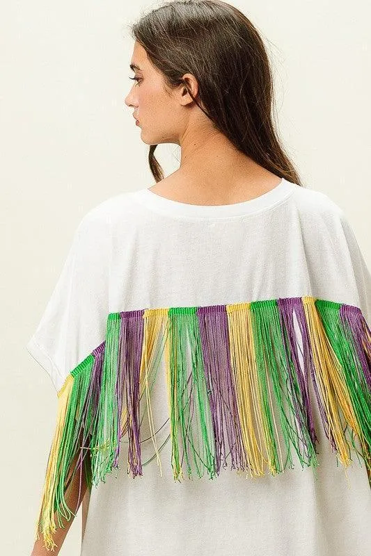 Mardi Gras Sequin Fleur De Lis Green Fringe Shirt