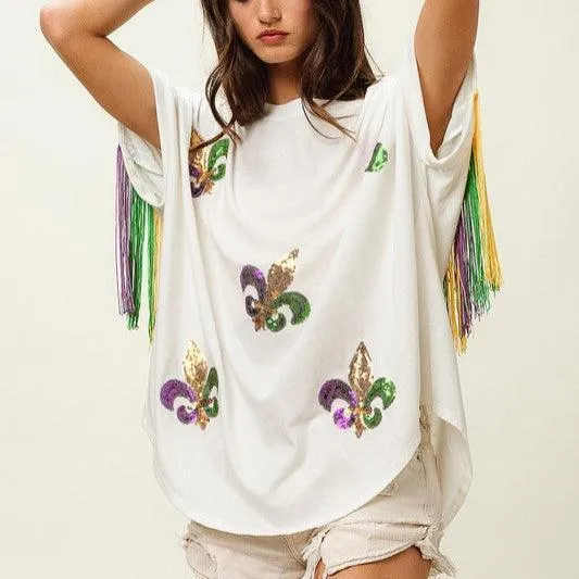 Mardi Gras Sequin Fleur De Lis Green Fringe Shirt