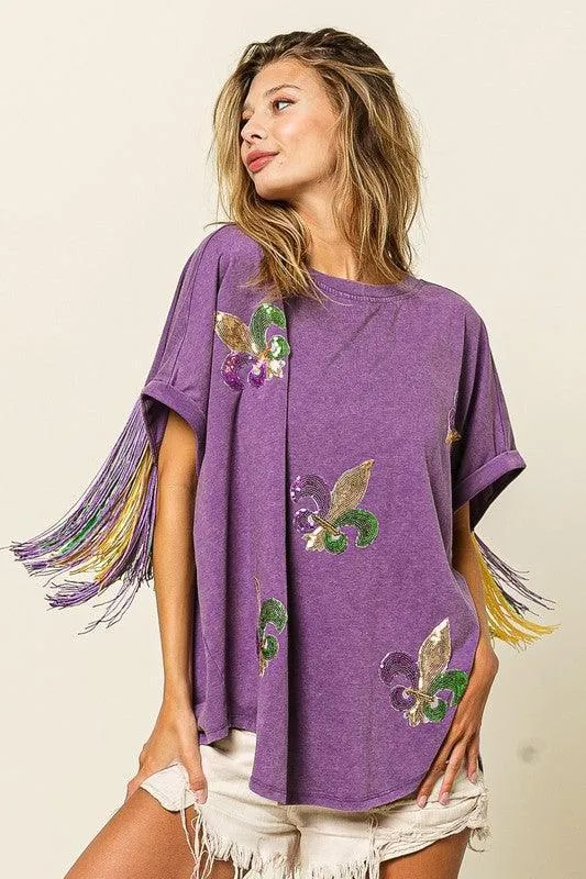 Mardi Gras Sequin Fleur De Lis Green Fringe Shirt