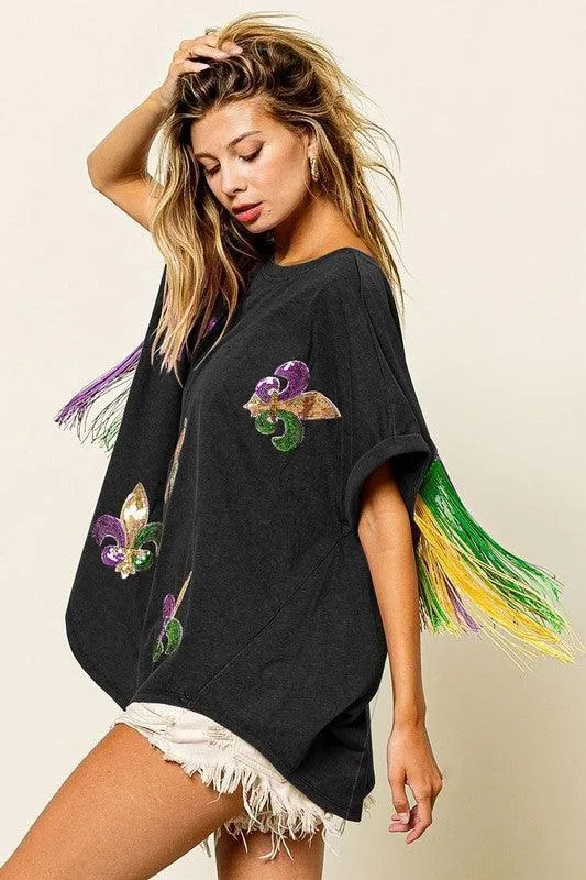 Mardi Gras Sequin Fleur De Lis Green Fringe Shirt
