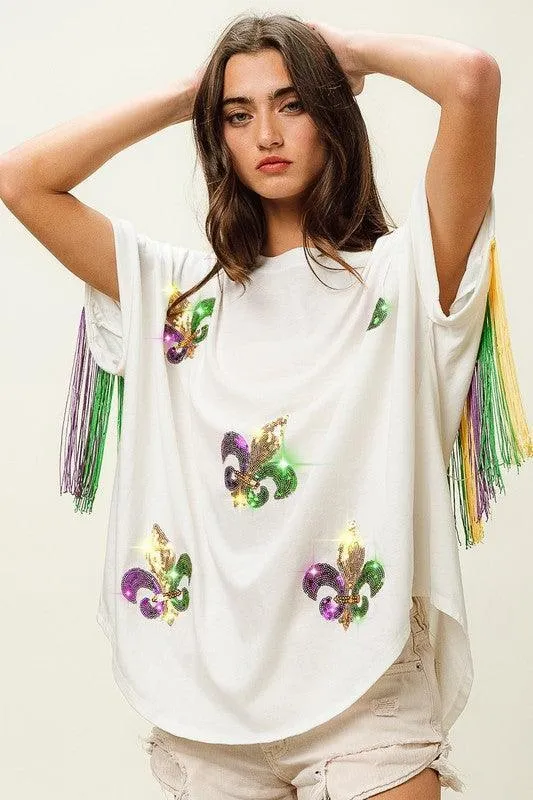 Mardi Gras Sequin Fleur De Lis Green Fringe Shirt