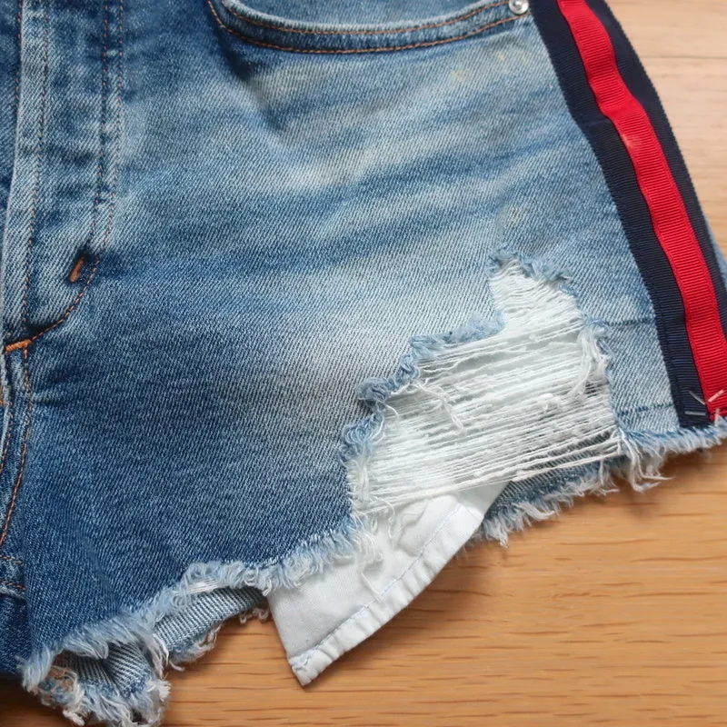 McGuire Striped-Side Cutoff Shorts Ibiza Distressed Denim Size 25
