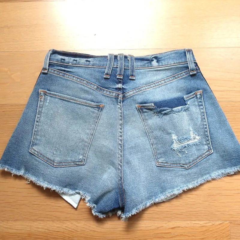 McGuire Striped-Side Cutoff Shorts Ibiza Distressed Denim Size 25