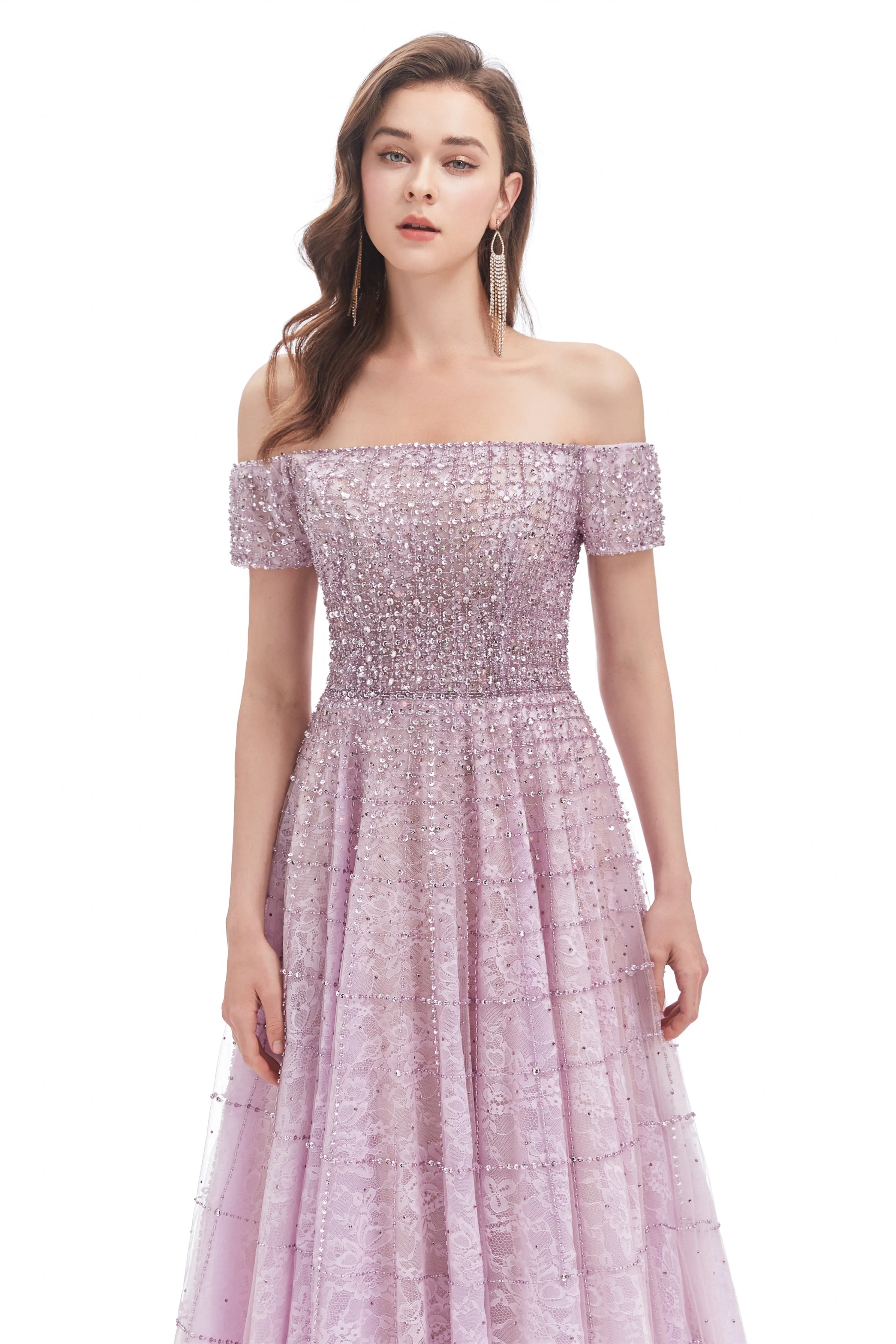 Mermaid Off-the-shoulder Beaded Lace Floor-length Sequined Prom Dress