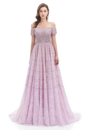Mermaid Off-the-shoulder Beaded Lace Floor-length Sequined Prom Dress