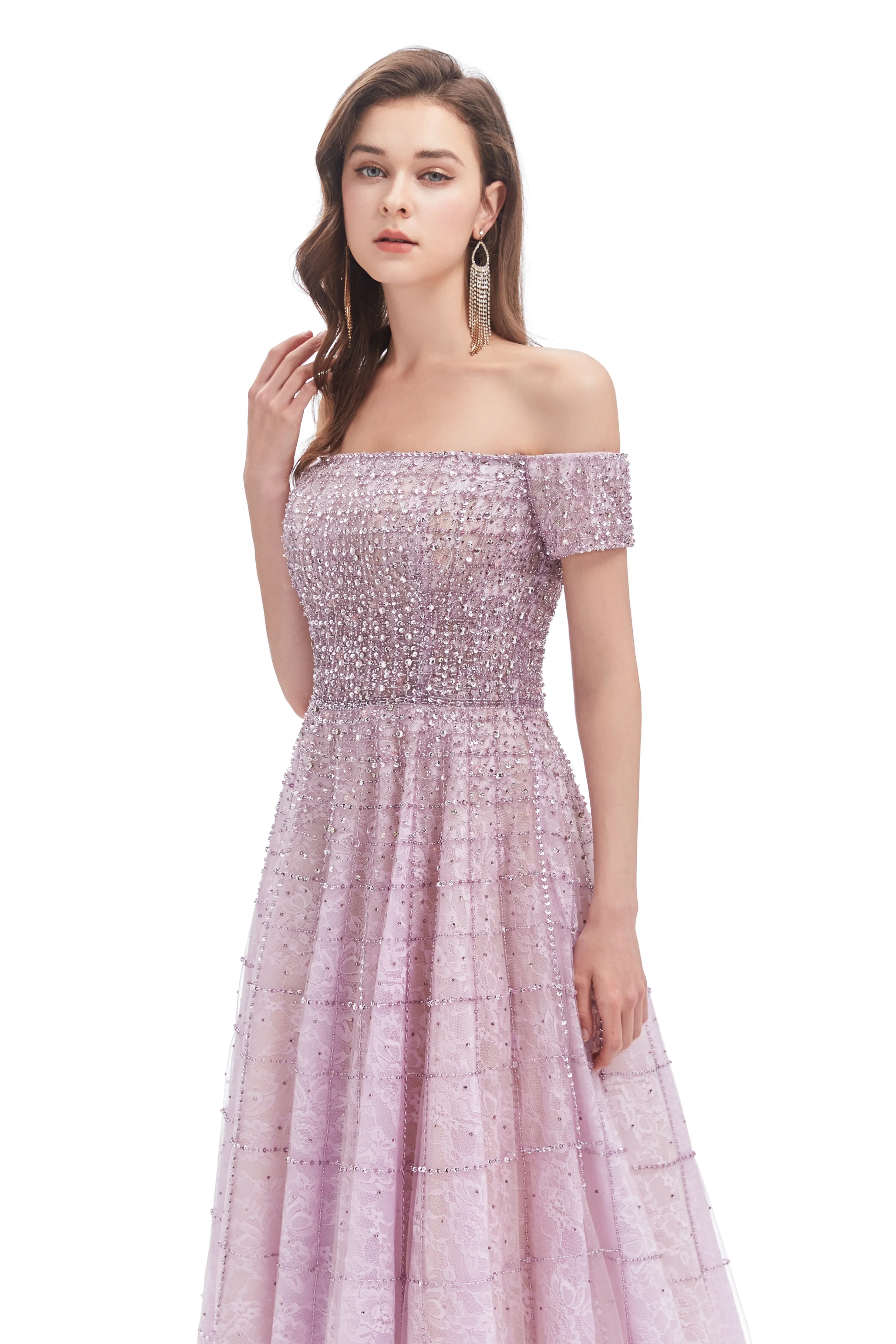 Mermaid Off-the-shoulder Beaded Lace Floor-length Sequined Prom Dress