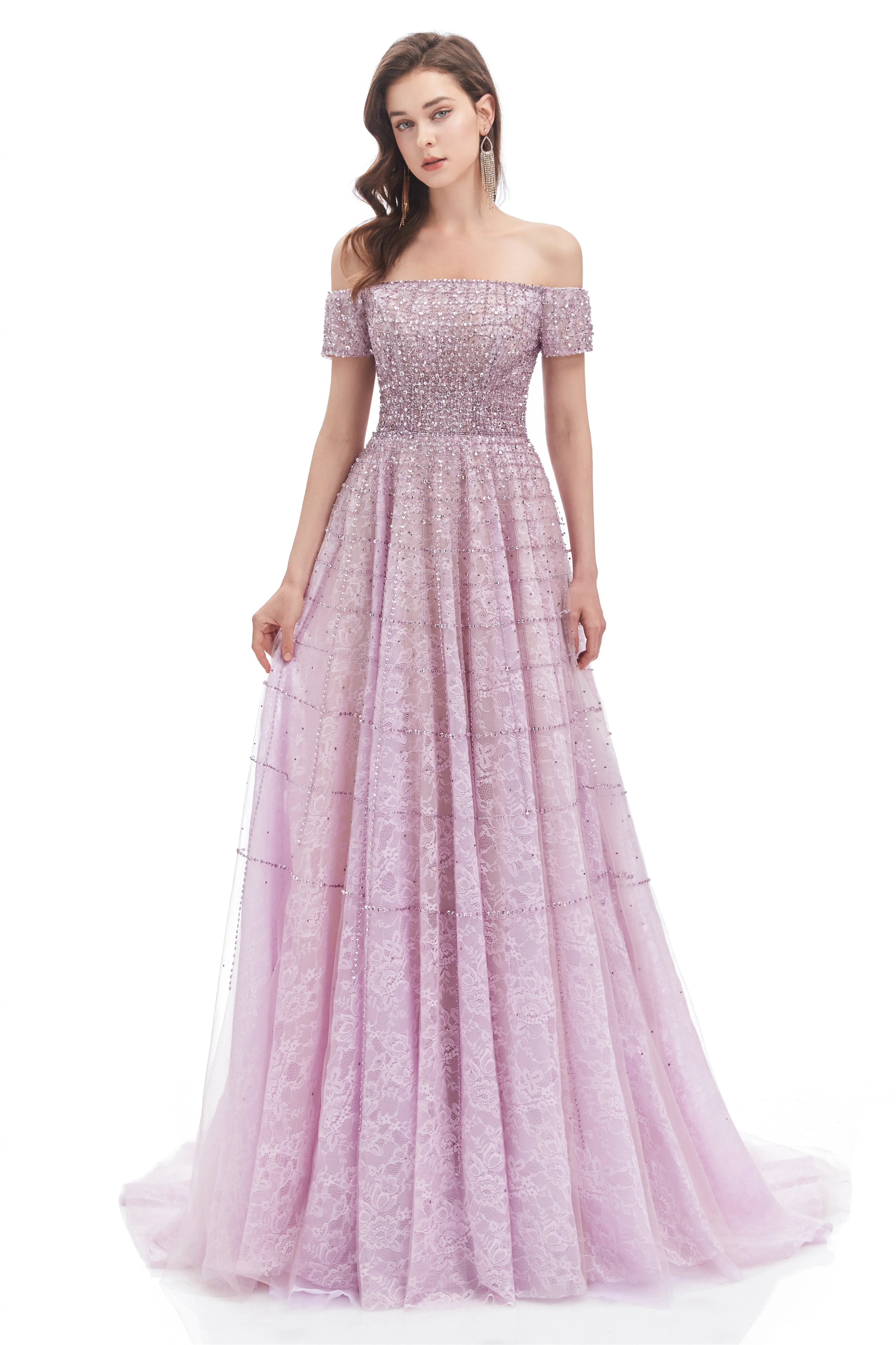 Mermaid Off-the-shoulder Beaded Lace Floor-length Sequined Prom Dress