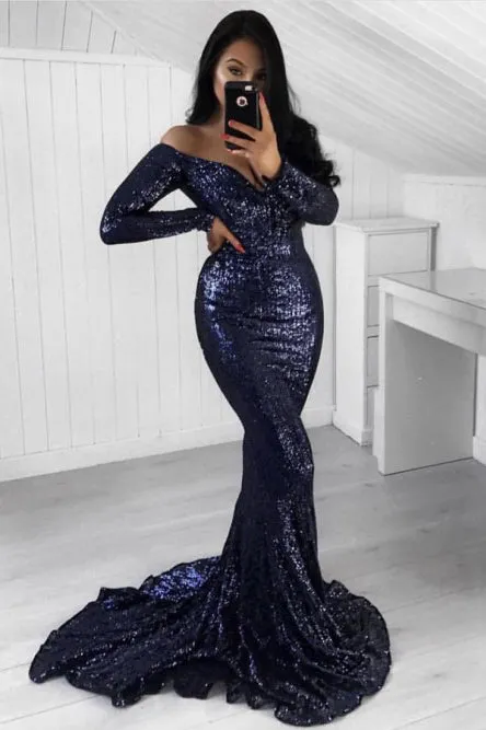 Mermaid Off-the-Shoulder Long Sleeves Navy Blue Sequined Prom Dress L040