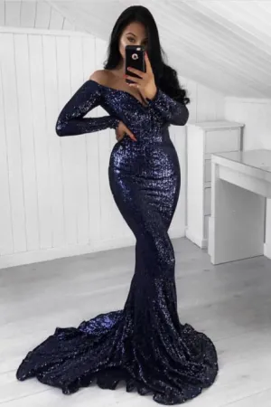 Mermaid Off-the-Shoulder Long Sleeves Navy Blue Sequined Prom Dress L040