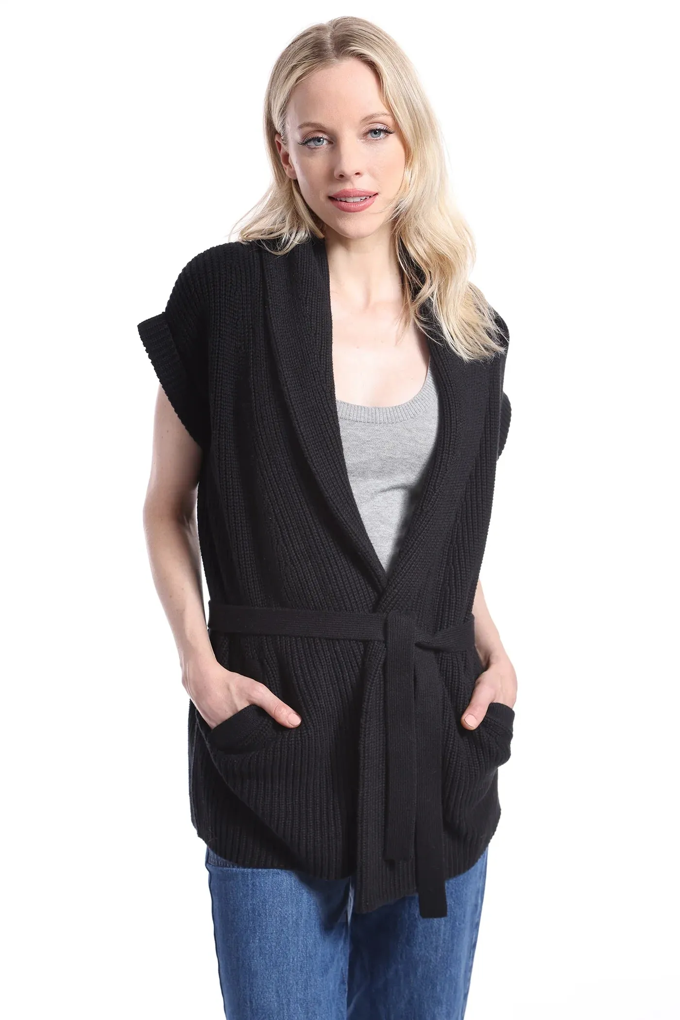 Minnie Rose Shaker Shawl Collar Belted Cardigan
