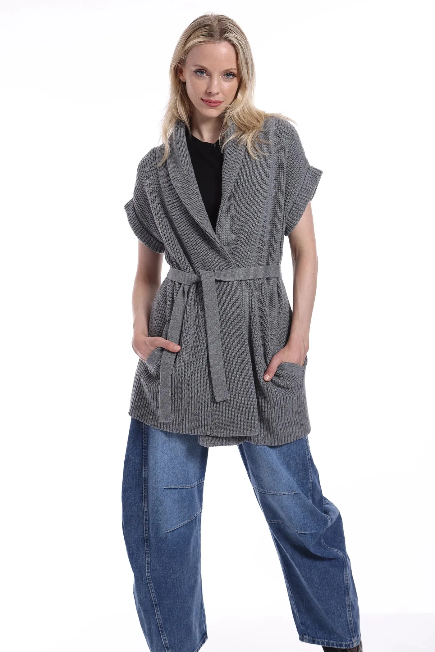 Minnie Rose Shaker Shawl Collar Belted Cardigan