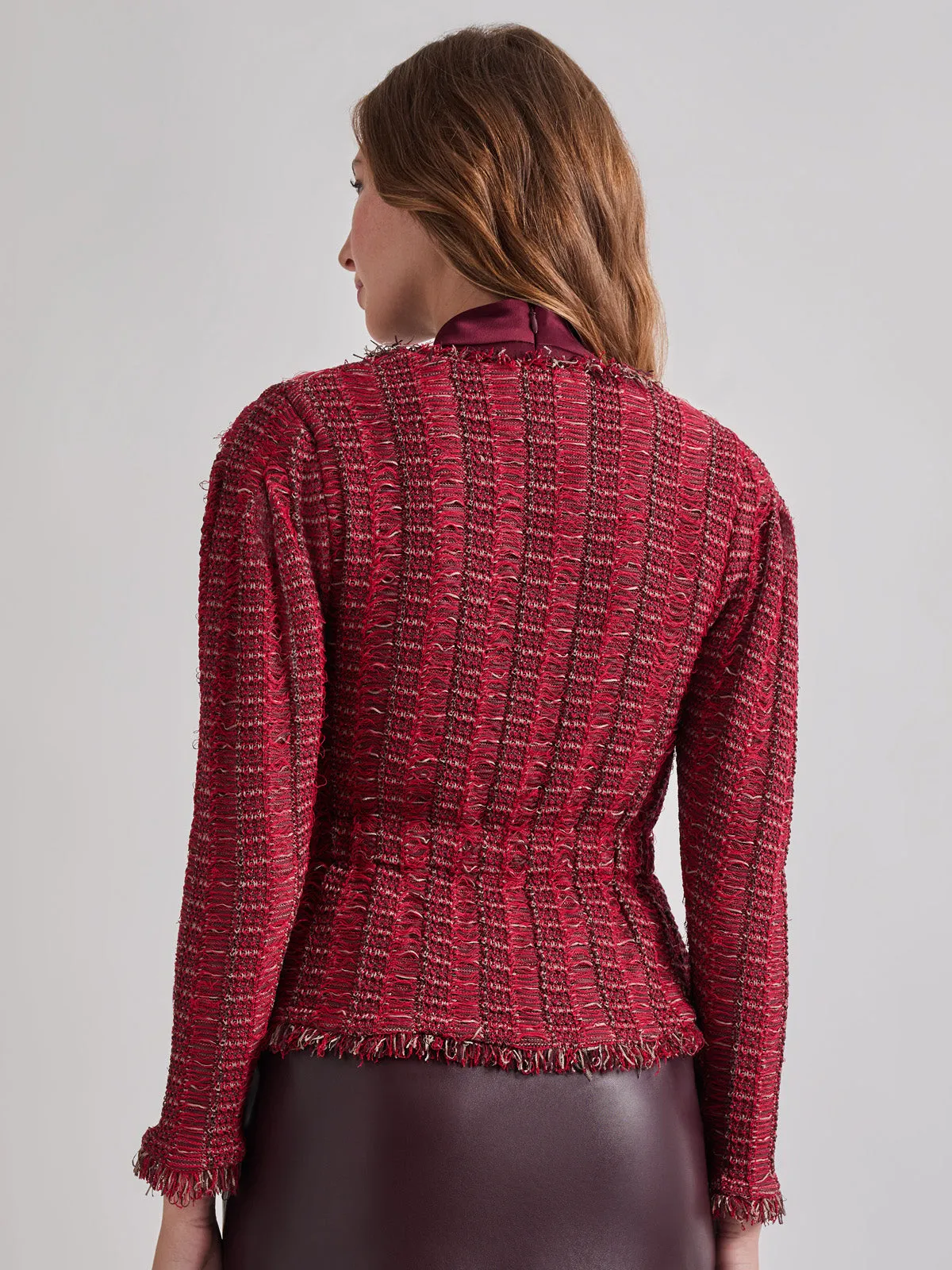 Modern Fit Linear Fringe Tweed Belted Knit Jacket