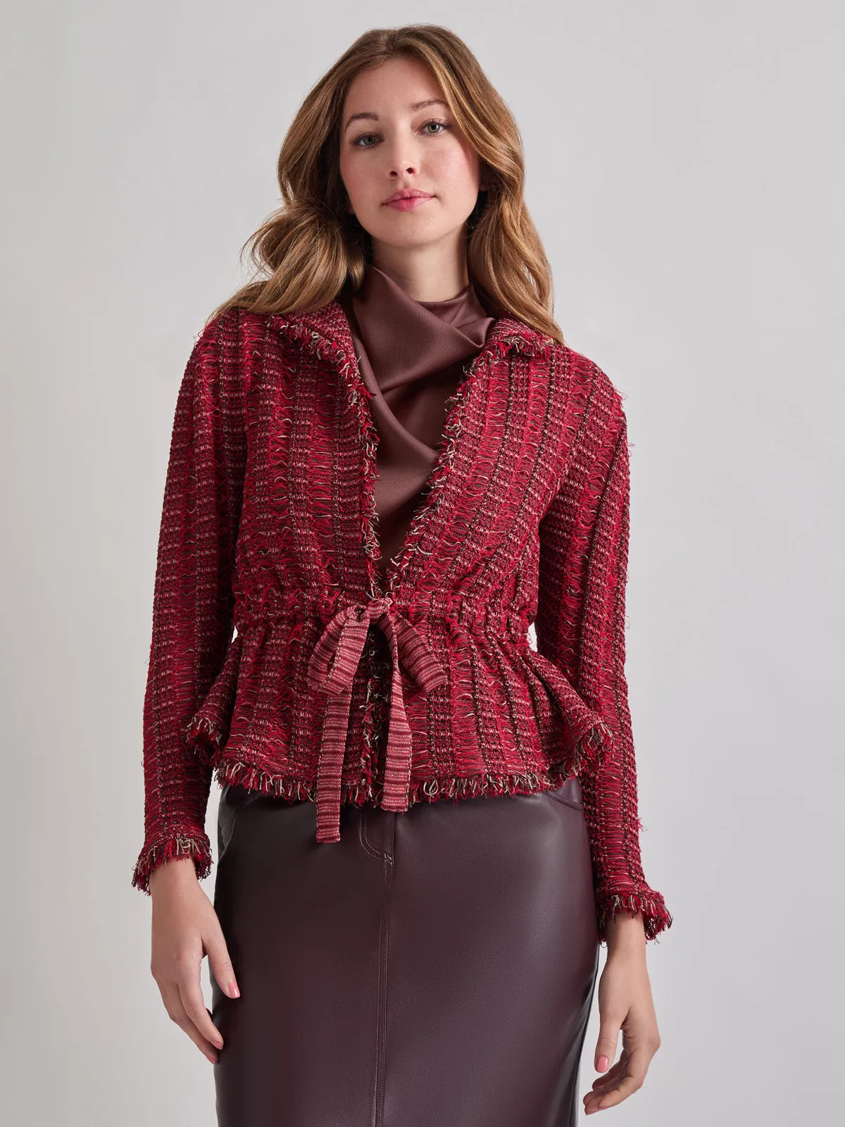 Modern Fit Linear Fringe Tweed Belted Knit Jacket