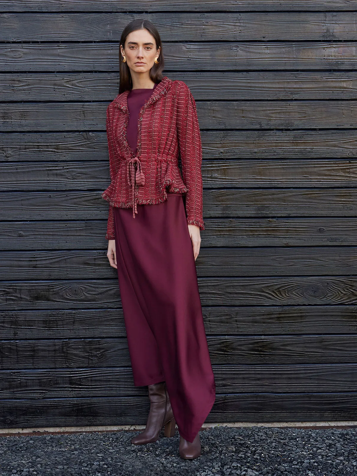 Modern Fit Linear Fringe Tweed Belted Knit Jacket