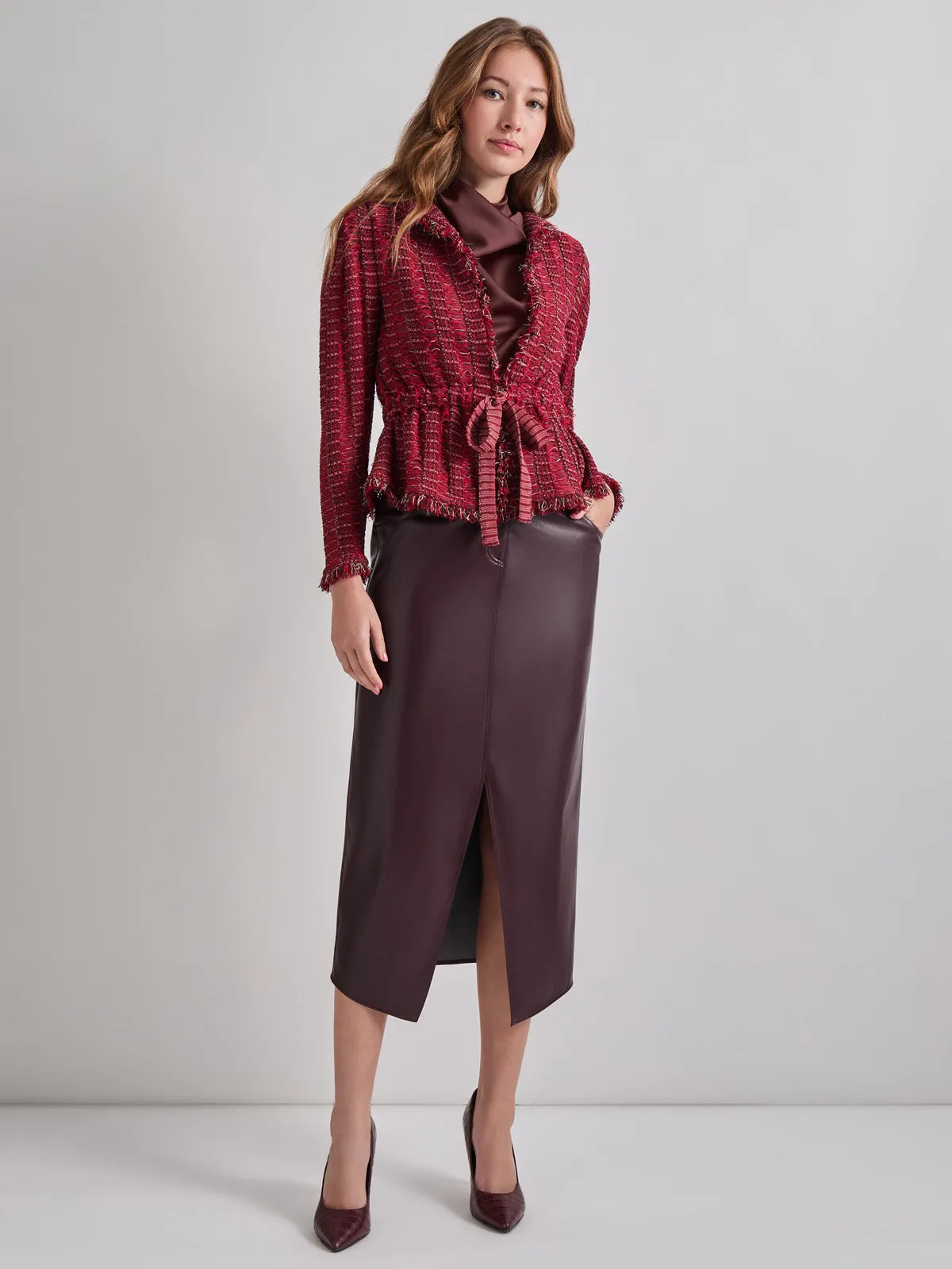Modern Fit Linear Fringe Tweed Belted Knit Jacket