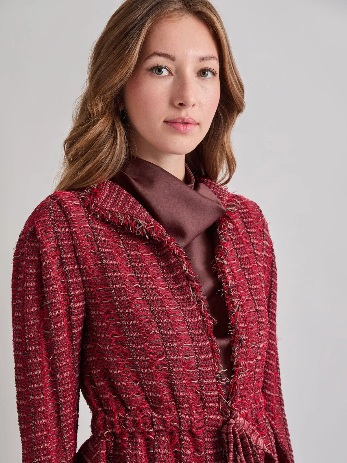 Modern Fit Linear Fringe Tweed Belted Knit Jacket