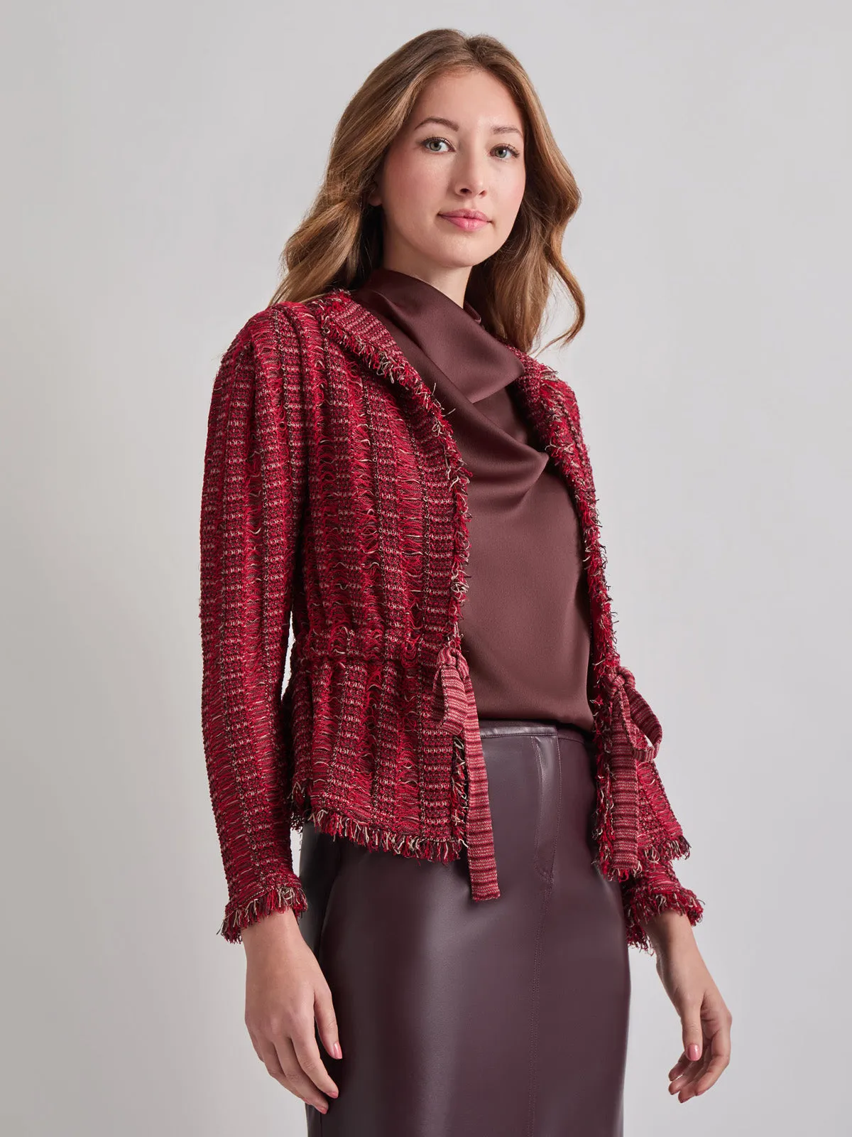Modern Fit Linear Fringe Tweed Belted Knit Jacket