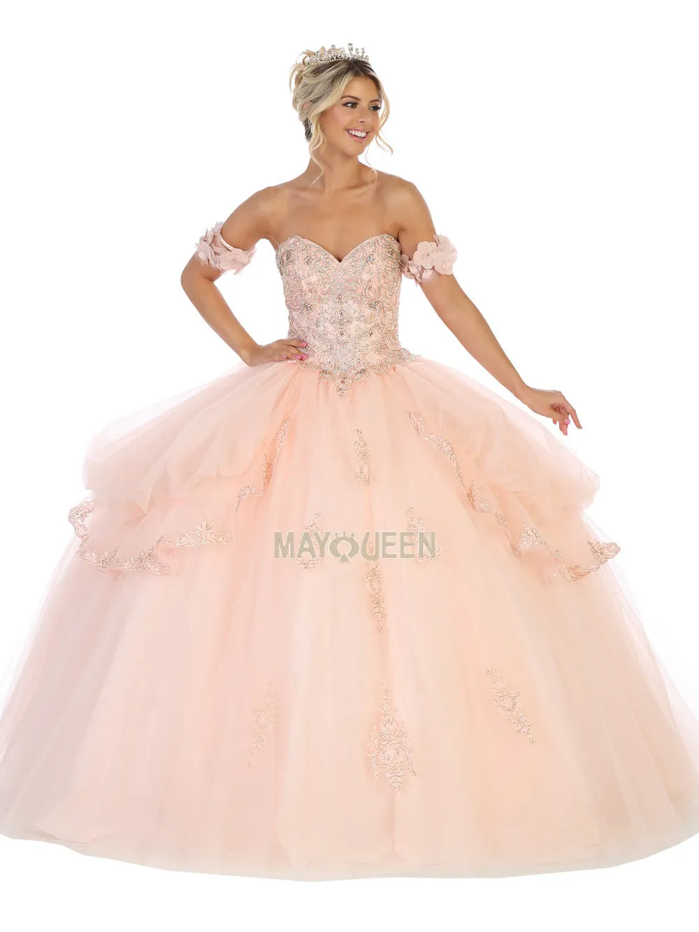 MQ LK120 - Off the Shoulder Quinceanera Ball Gown with Beaded Lace Applique Sweetheart Neck & Lace Up Corset Back