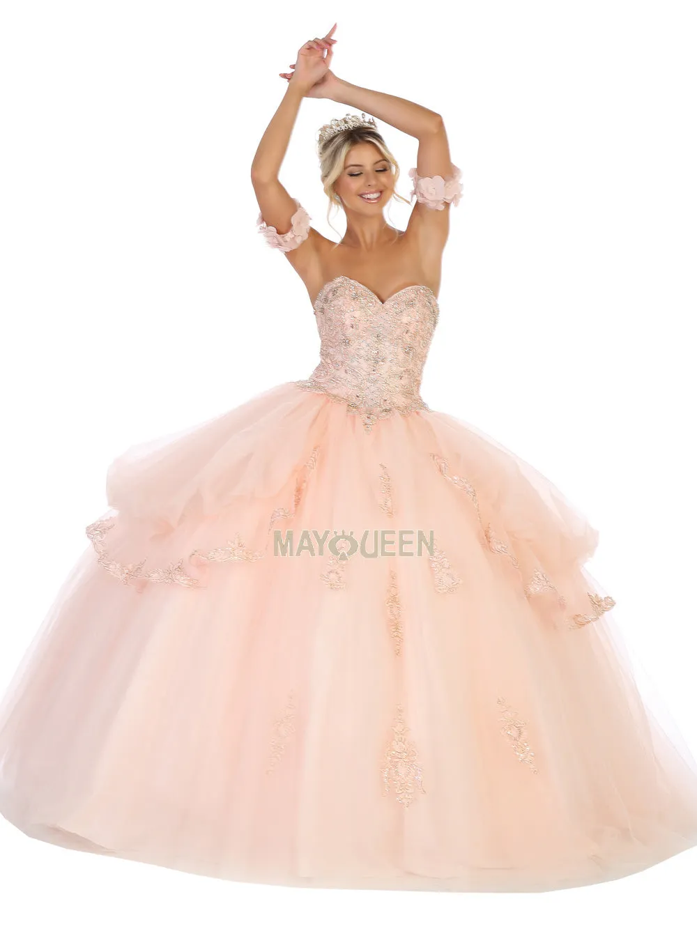 MQ LK120 - Off the Shoulder Quinceanera Ball Gown with Beaded Lace Applique Sweetheart Neck & Lace Up Corset Back