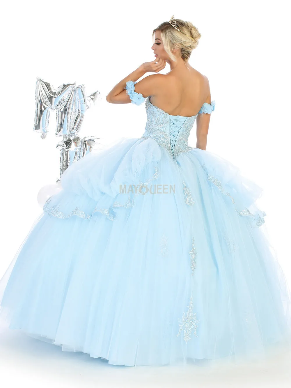 MQ LK120 - Off the Shoulder Quinceanera Ball Gown with Beaded Lace Applique Sweetheart Neck & Lace Up Corset Back