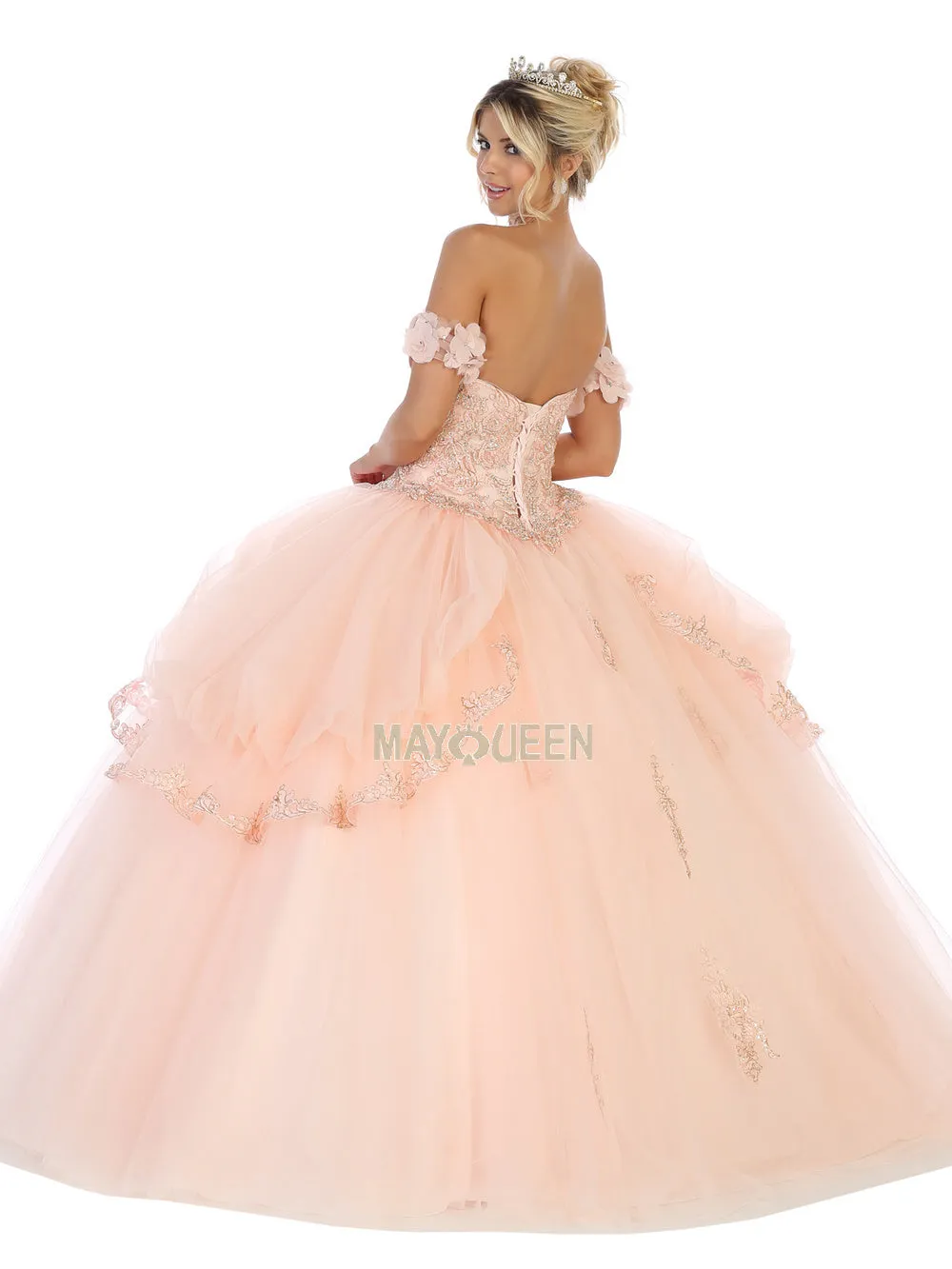 MQ LK120 - Off the Shoulder Quinceanera Ball Gown with Beaded Lace Applique Sweetheart Neck & Lace Up Corset Back