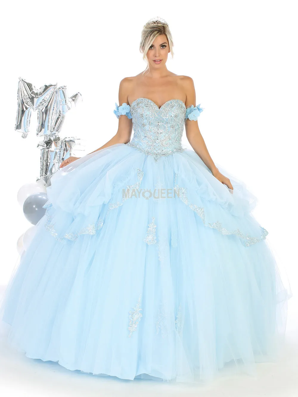 MQ LK120 - Off the Shoulder Quinceanera Ball Gown with Beaded Lace Applique Sweetheart Neck & Lace Up Corset Back