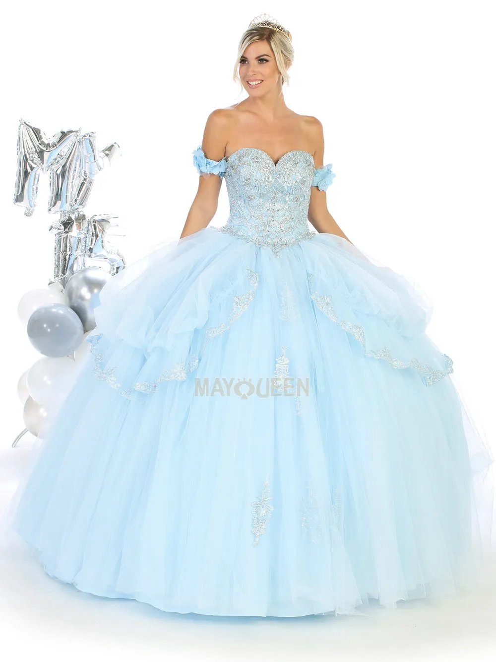 MQ LK120 - Off the Shoulder Quinceanera Ball Gown with Beaded Lace Applique Sweetheart Neck & Lace Up Corset Back